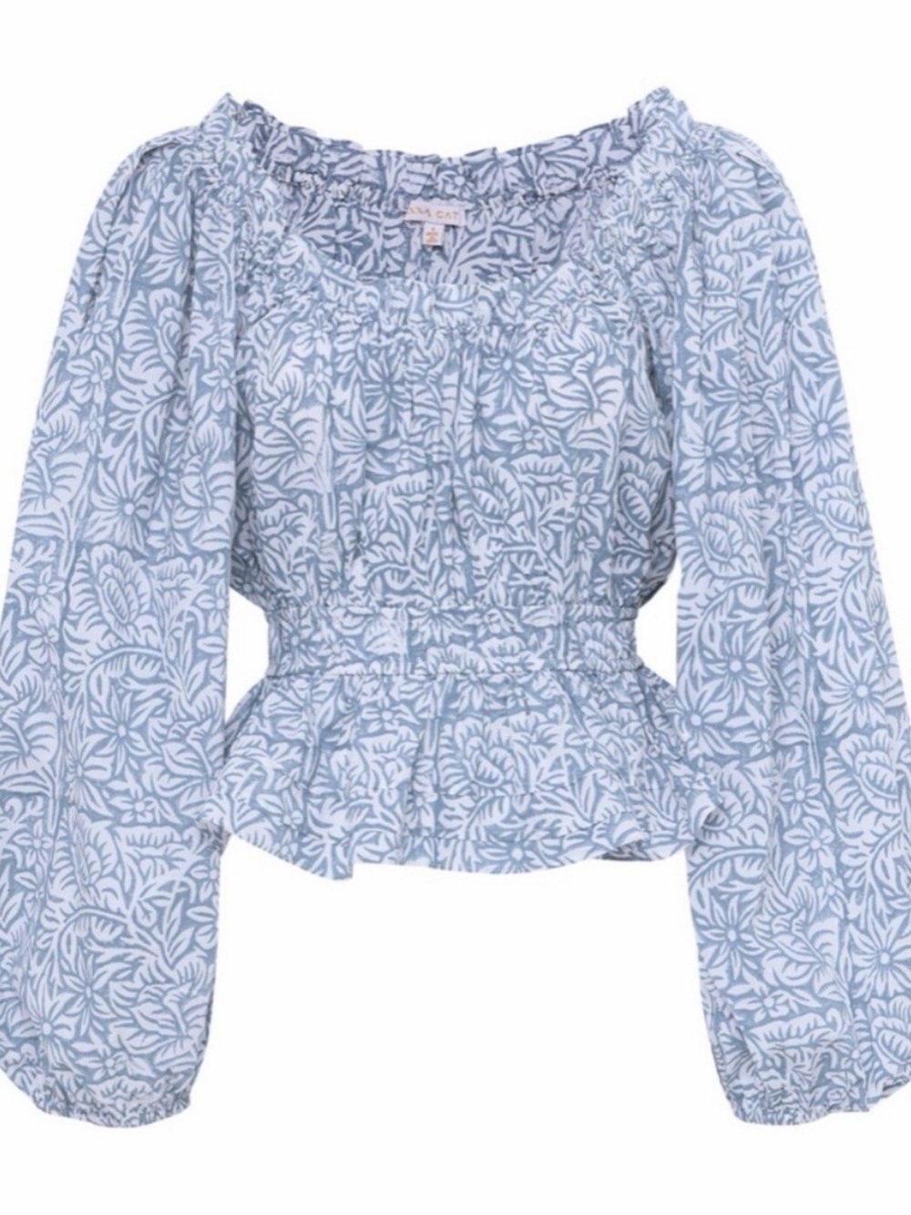 Smocked Peplum Blouse in Light Blue Floral